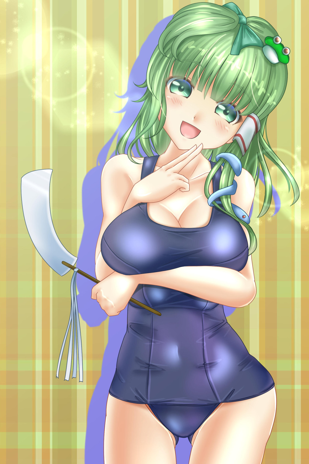 shounen (hogehoge), kochiya sanae, touhou, highres, 1girl, blush, breast press, breasts, frog hair ornament, gluteal fold, gohei, green eyes, green hair, hair ornament, hair ribbon, hair tubes, large breasts, long hair, looking at viewer, open mouth, ribbon, school swimsuit, single hair tube, smile, snake, snake hair ornament, solo, swimsuit, yellow background