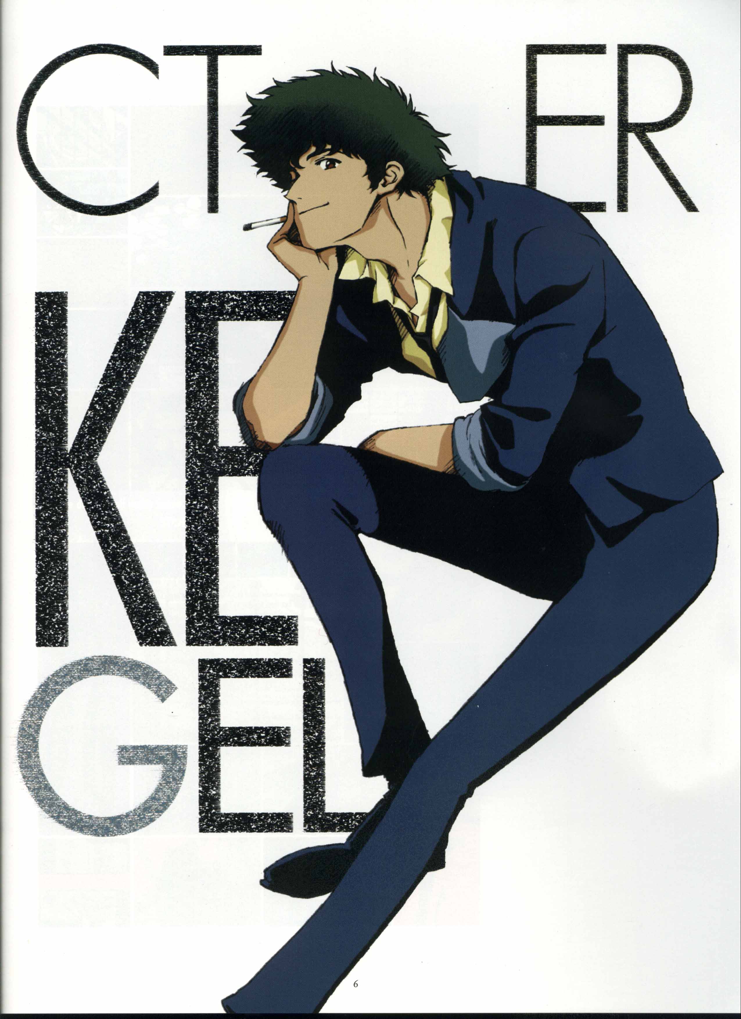 spike spiegel, cowboy bebop, absurdres, highres, official art, 1990s (style), 1boy, black hair, brown eyes, character name, cigarette, formal clothes, head rest, jacket, long sleeves, looking at viewer, male focus, pants, retro artstyle, shirt, simple background, sitting, smoke, solo, spiked hair, suit, white background, yellow shirt