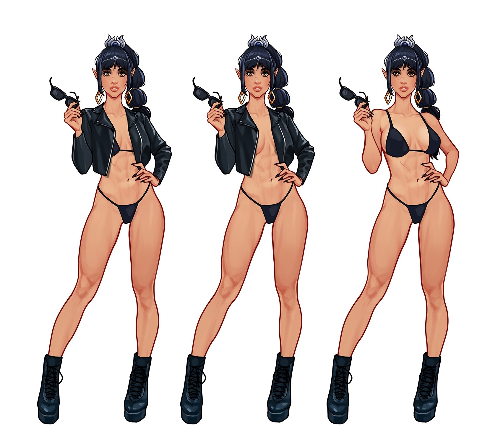 olena minko, shadowheart (baldur's gate), baldur's gate, baldur's gate 3, dungeons & dragons, dungeons & dragons, commentary, english commentary, highres, 1girl, abs, bikini, black bikini, black hair, black nails, boots, breasts, breasts apart, cropped jacket, earrings, full body, hand on own hip, holding, holding removed eyewear, jacket, jewelry, large breasts, long hair, looking at viewer, multi-tied hair, multiple views, navel, no bra, no pants, open clothes, open jacket, parted lips, pointy ears, scar, scar on face, simple background, standing, swimsuit, toned, toned female, unworn eyewear, white background