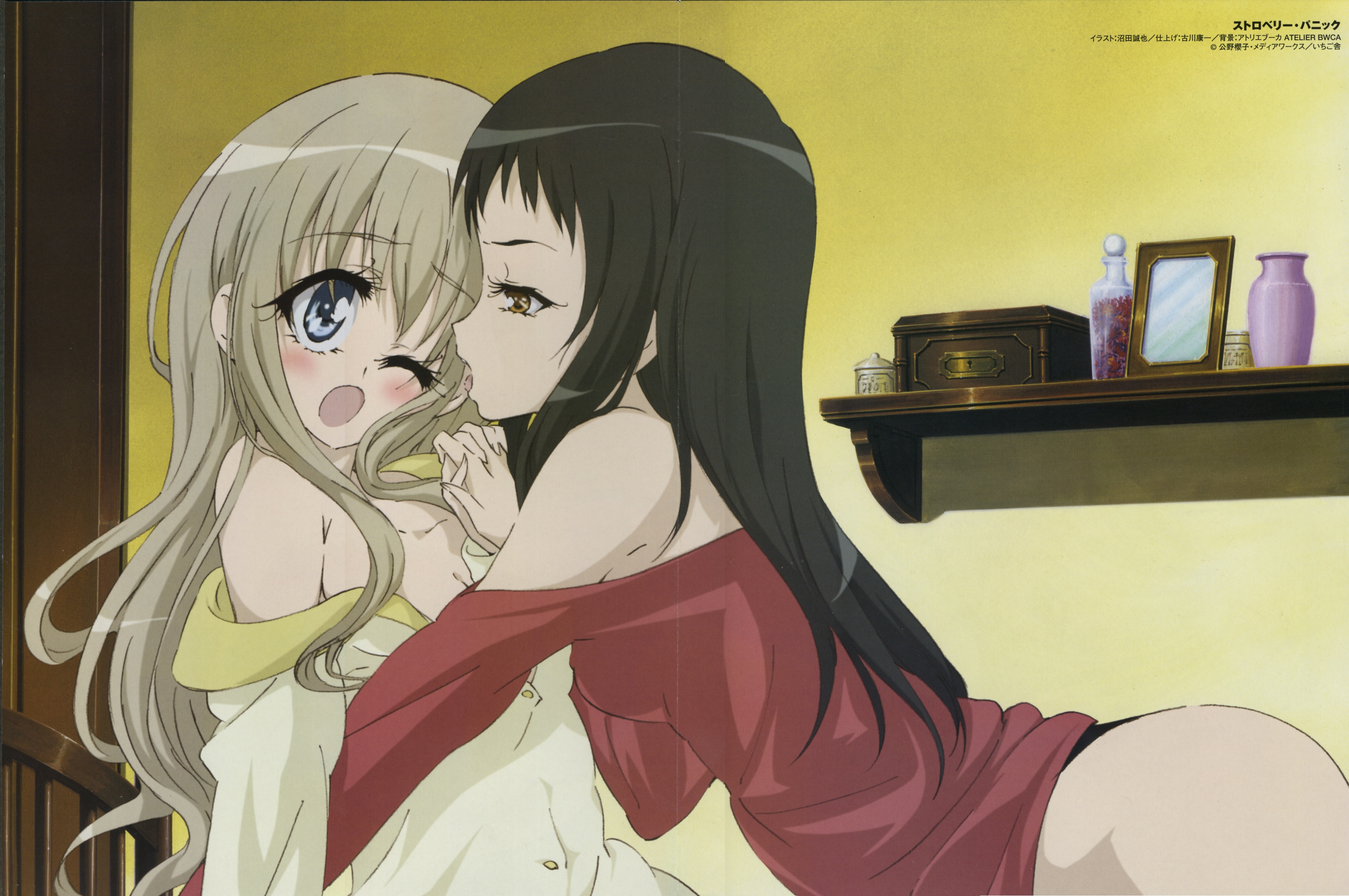 numata seiya, konohana hikari, nanto yaya, strawberry panic!, silver hair, absurdres, highres, official art, scan, 00s, 2girls, ass, bad anatomy, bent over, black hair, blonde hair, blue eyes, blush, bottomless, brown hair, crease, ear licking, flat chest, hug, licking, long hair, looking at another, multiple girls, no bra, off shoulder, one eye closed, open mouth, tongue, wince, yuri