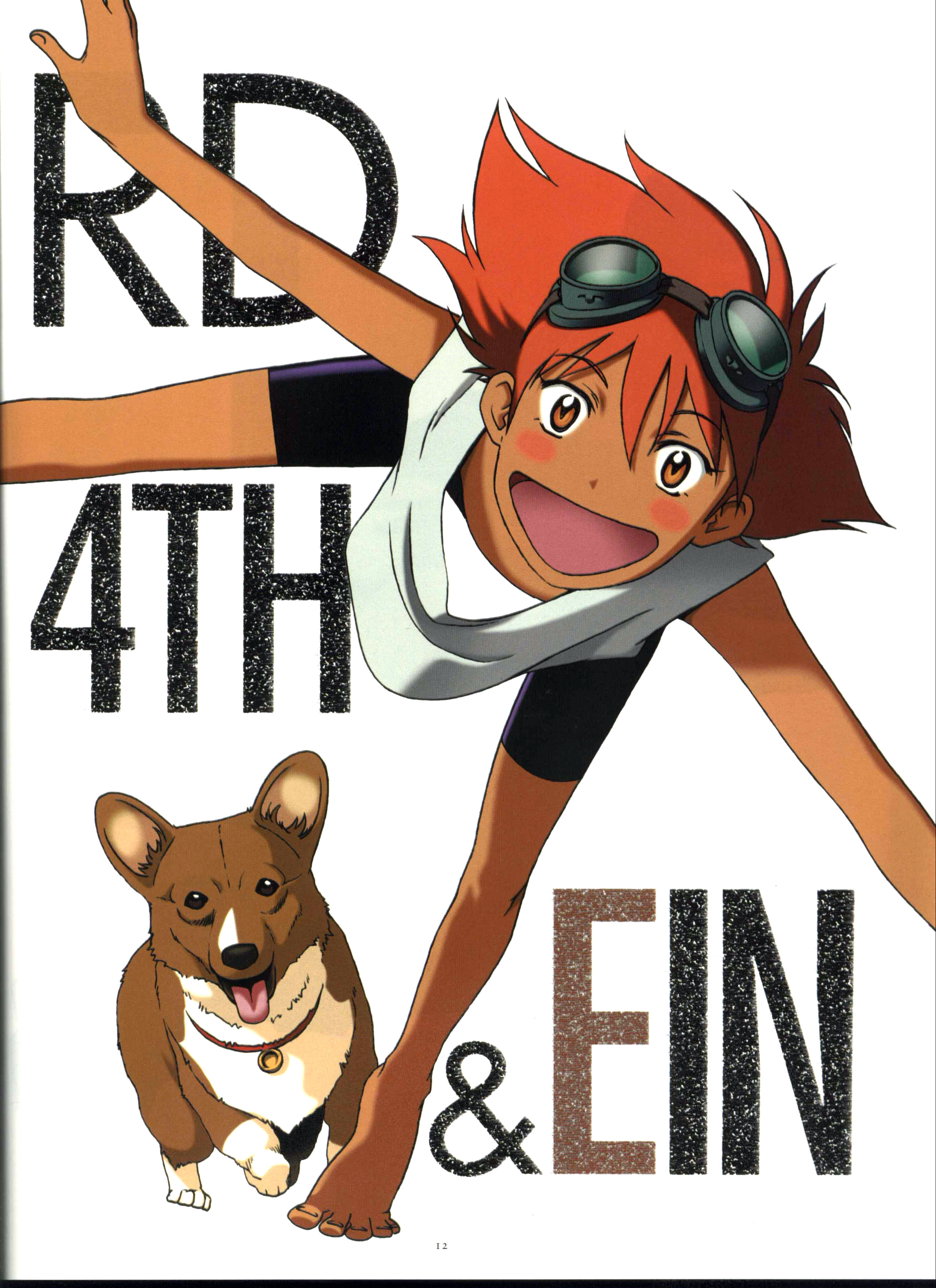 edward wong hau pepelu tivrusky iv, ein (cowboy bebop), cowboy bebop, absurdres, highres, 1990s (style), 1girl, barefoot, collar, dog, female focus, goggles, happy, looking at viewer, red hair, running, shirt, shorts, smile, text focus, white background, white shirt, yellow eyes