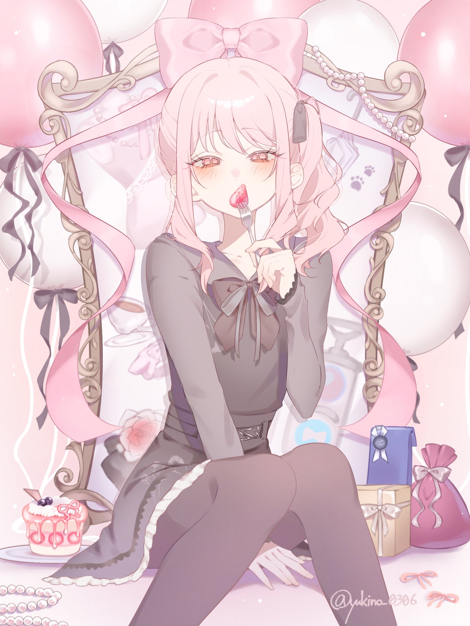 yukino 0306, akiyama mizuki, project sekai, highres, 1other, artist name, balloon, black bow, black dress, black pantyhose, bow, cake, covered mouth, dress, food, fork, fruit, gift, holding, holding fork, long hair, long sleeves, looking at viewer, mirror, pantyhose, pink eyes, pink hair, ponytail, side ponytail, sidelocks, sitting, strawberry, twitter username