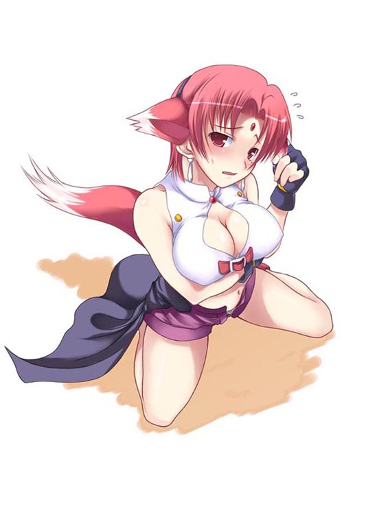 soba (saz), arf, lyrical nanoha, mahou shoujo lyrical nanoha, mahou shoujo lyrical nanoha a's, breast hold, 00s, 1girl, animal ears, breasts, cleavage, female focus, fox ears, kneeling, large breasts, red hair, solo, tail