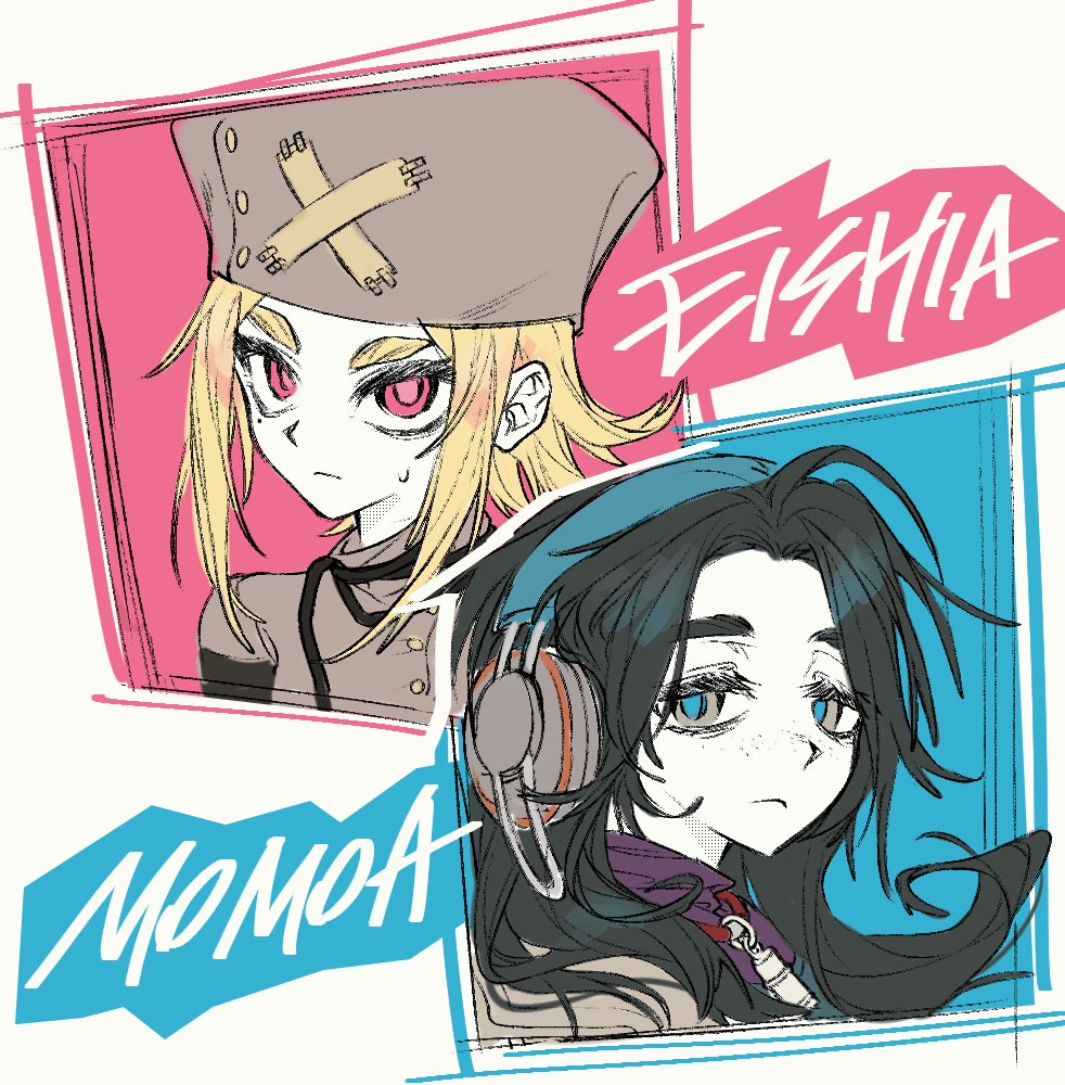 eishia stilza, gachiakuta, 2girls, 999gugugu, black hair, blonde hair, blue pupils, character name, closed mouth, freckles, grey hat, hat, headphones, long hair, looking at viewer, momoa rukel, multiple girls, nurse cap, parted bangs, pink eyes, portrait, short hair, sweat, very long hair