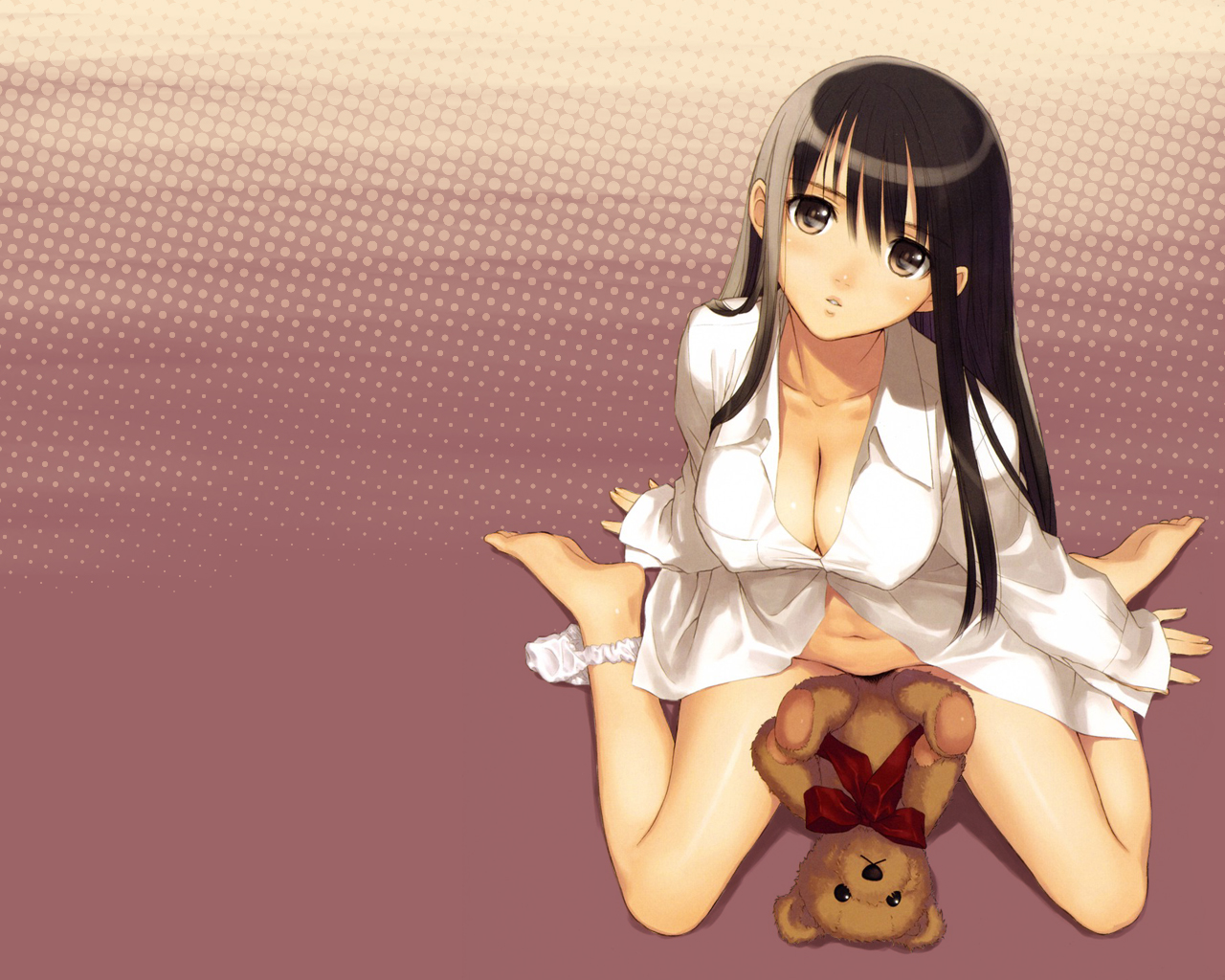 tony taka, mizushima asa, sora no iro mizu no iro, non-web source, 00s, 1girl, artistic error, barefoot, black hair, blush, bottomless, breasts, brown eyes, cleavage, covered erect nipples, dress shirt, feet, female focus, groin, head tilt, kneeling, large breasts, legs, long hair, no bra, open clothes, open shirt, panties, panties around leg, polka dot, shirt, soles, solo, stuffed animal, stuffed toy, tan, tanline, teddy bear, thighs, underwear, white panties, wrong foot