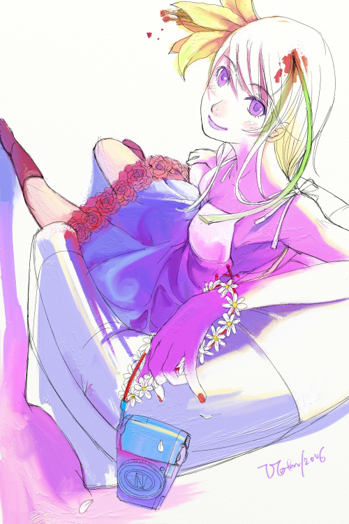 vofan, 1girl, camera, couch, dress, female focus, flower, foreshortening, socks, solo, white upholstery