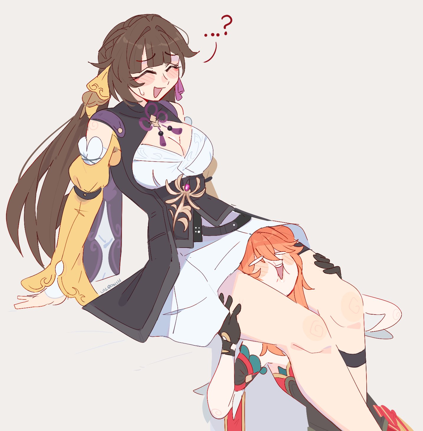 unfamousradish, guinaifen (honkai: star rail), sushang (honkai: star rail), honkai: star rail, honkai (series), highres, 2girls, :d, ?, ^ ^, bare shoulders, between thighs, black gloves, blush, breasts, brown hair, cleavage, closed eyes, clothing cutout, feet out of frame, gloves, grey background, hair intakes, large breasts, long sleeves, miniskirt, multiple girls, open mouth, orange hair, shoulder cutout, simple background, skirt, smile, white skirt