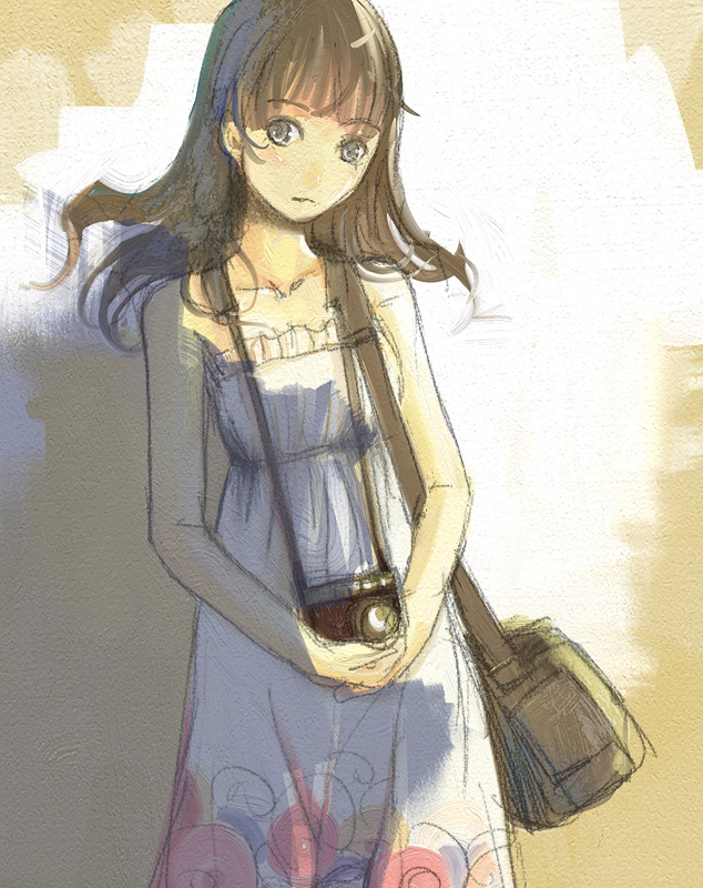 vofan, bag, bare shoulders, camera, dress, shoulder bag, sketch, solo