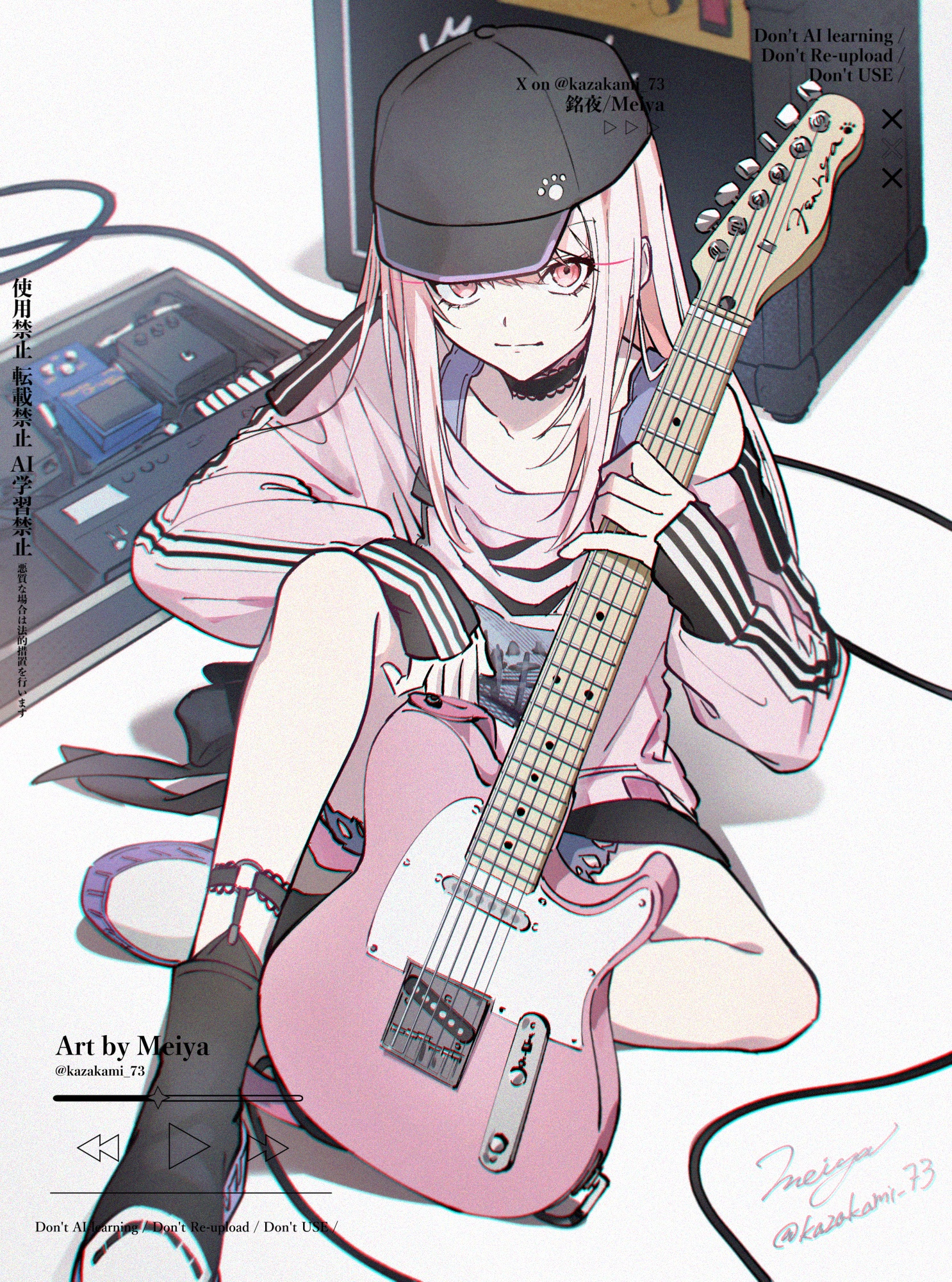 kazakami 73, akiyama mizuki, project sekai, highres, 1other, artist name, baseball cap, black hat, black skirt, choker, convenient censoring, frilled choker, frills, guitar, hat, holding, holding guitar, holding instrument, instrument, long hair, long sleeves, looking at viewer, off-shoulder shirt, off shoulder, pink eyes, pink hair, pink shirt, ponytail, shirt, shoes, side ponytail, signature, skirt, twitter username, watermark