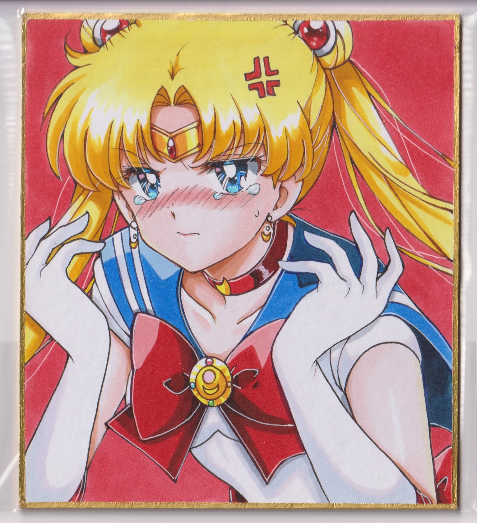 chikoto (kztc4472), sailor moon, tsukino usagi, bishoujo senshi sailor moon, highres, 1girl, anger vein, angry, back bow, blonde hair, blue eyes, blue sailor collar, bow, bowtie, choker, closed mouth, crescent, crescent earrings, crying, crying with eyes open, double bun, earrings, elbow gloves, gloves, hair bun, hair ornament, jewelry, long hair, red bow, red bowtie, red choker, sailor collar, sailor senshi uniform, skirt, solo, tears, transformation brooch (sailor moon), twintails, v-shaped eyebrows, white gloves