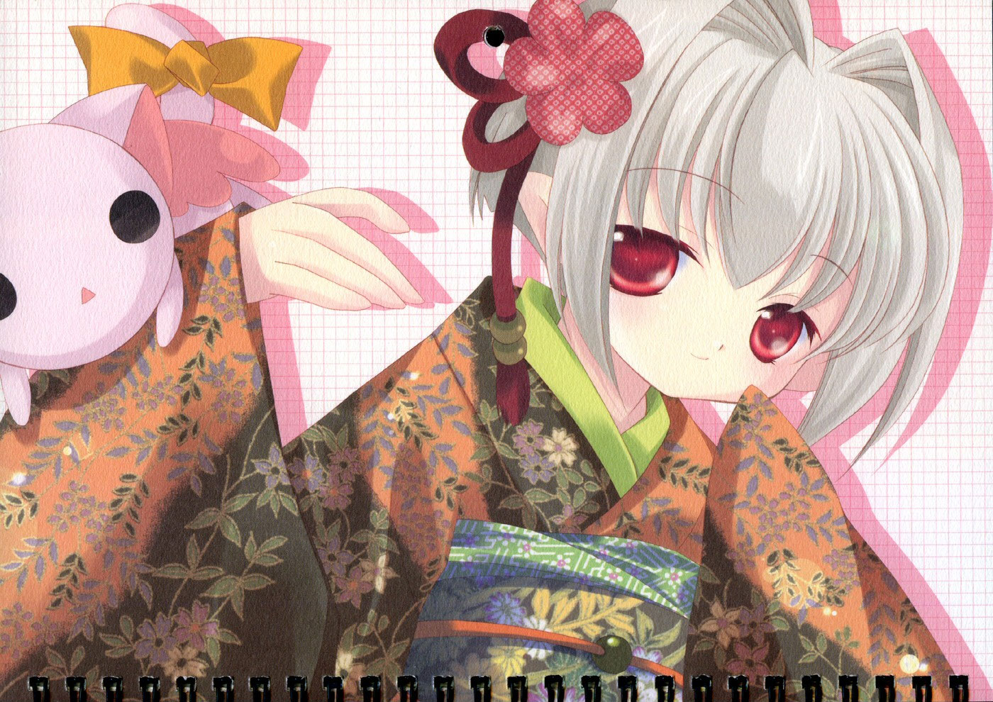 sarara (binzume yousei), binzume yousei, 00s, 1girl, albino, female focus, floral print, floral print kimono, print kimono, red eyes, short hair, solo, white hair