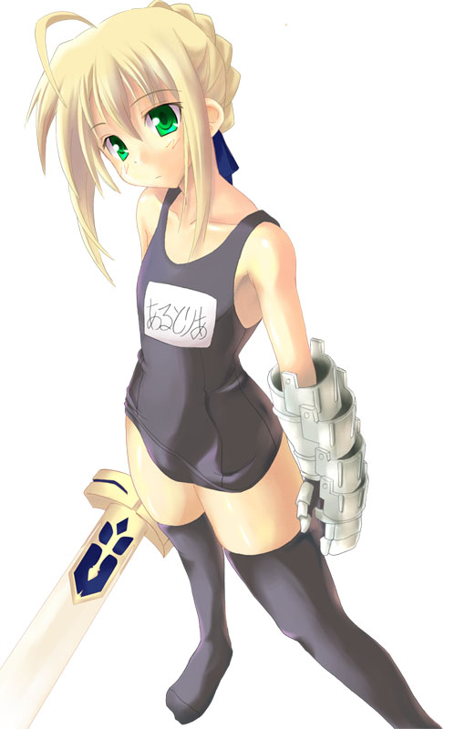 soba (saz), artoria pendragon (fate), saber (fate), fate/stay night, fate (series), 00s, black one-piece swimsuit, gauntlets, name tag, one-piece swimsuit, school swimsuit, swimsuit, sword, thighhighs, weapon
