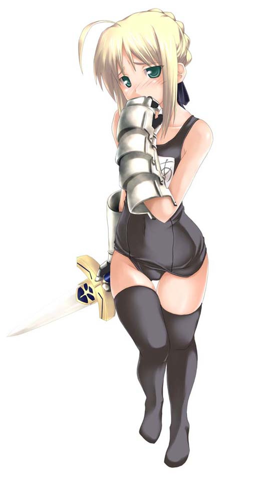 soba (saz), artoria pendragon (fate), saber (fate), fate/stay night, fate (series), 00s, black one-piece swimsuit, gauntlets, name tag, one-piece swimsuit, school swimsuit, solo, swimsuit, sword, thighhighs, weapon