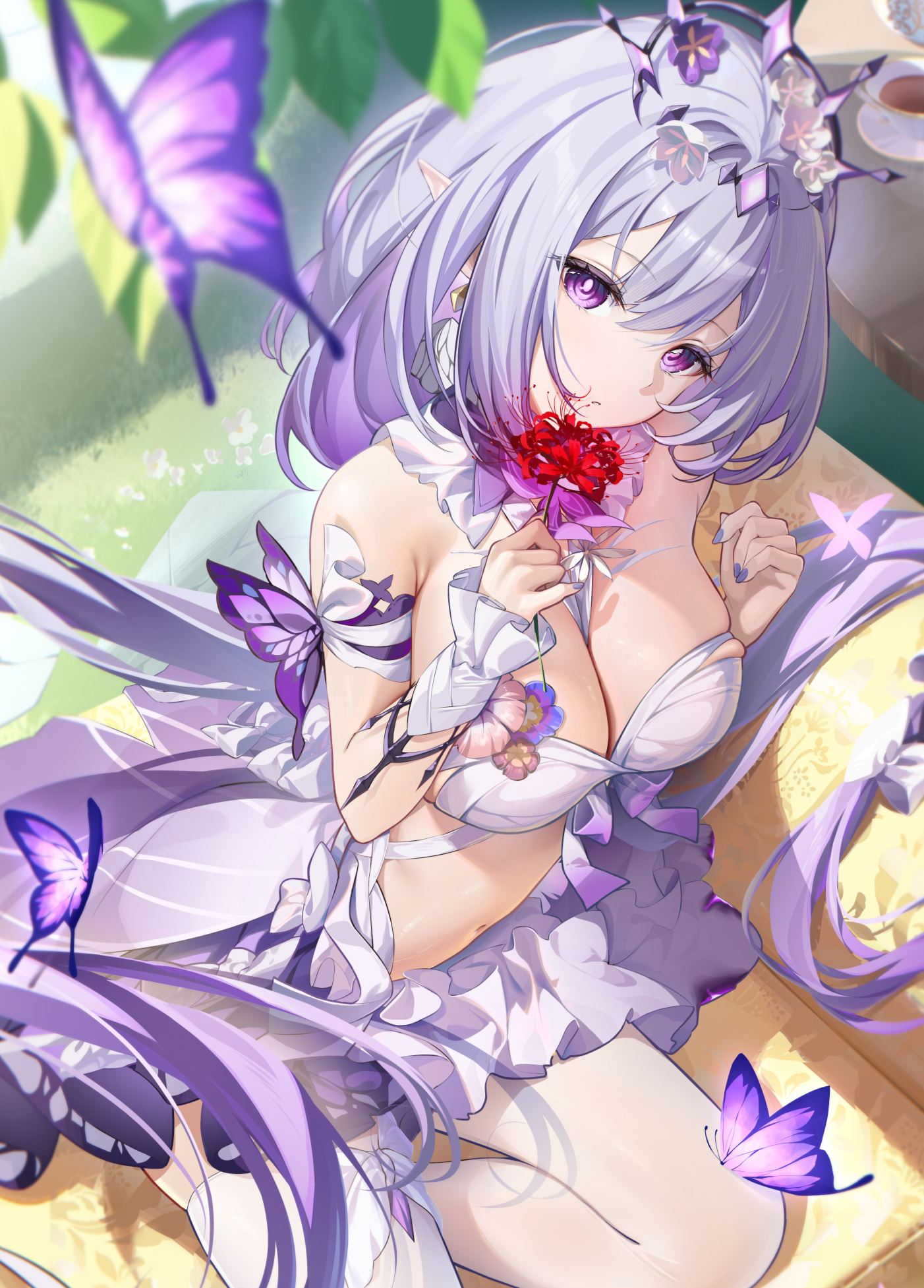 hino kagutsuki, castorice (honkai: star rail), honkai: star rail, honkai (series), adversarial noise, commentary, highres, 1girl, bare shoulders, blue nails, breasts, bug, butterfly, butterfly on knee, cleavage, fingernails, flower, hair between eyes, hands up, holding, holding flower, insect, kneeling, large breasts, long hair, looking at viewer, multicolored hair, nail polish, navel, pointy ears, purple butterfly, purple eyes, purple hair, red flower, solo, stomach, very long hair, white hair, white wrist cuffs, wrist cuffs