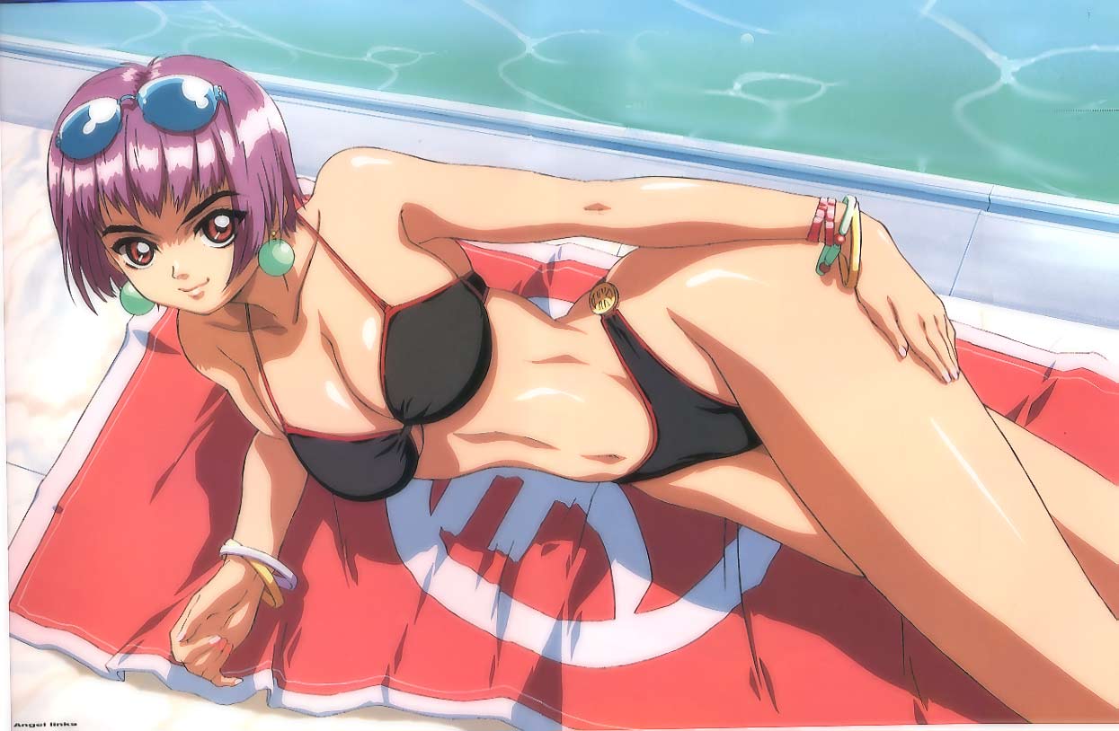 li meifon, angel links, highleg swimsuit, jpeg artifacts, official art, scan, 1990s (style), 1girl, armpits, beach towel, bikini, black bikini, bob cut, bracelet, breasts, cleavage, copyright name, cowboy shot, day, earrings, eyewear on head, female focus, from above, groin, hand on own thigh, highleg, hip focus, jewelry, large breasts, light smile, looking at viewer, lying, nail polish, navel, on side, outdoors, pink nails, pool, poolside, purple hair, red eyes, retro artstyle, shiny skin, short hair, sideboob, smile, solo, sunglasses, swimsuit, tan, thick eyebrows, toned, toned female, towel, water