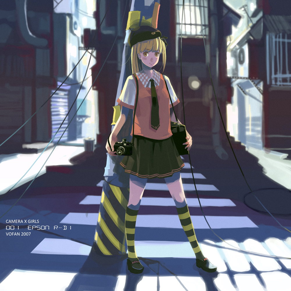 vofan, 1girl, bag, beret, camera, city, female focus, hat, kneehighs, leaning, patterned legwear, scenery, shoulder bag, socks, solo, standing, striped clothes, striped socks, sweater vest, two-tone stripes