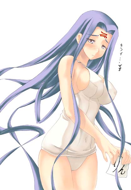 soba (saz), medusa (fate), medusa (rider) (fate), fate/stay night, fate (series), translated, 00s, 1girl, breasts, female focus, long hair, one-piece swimsuit, school swimsuit, sideboob, simple background, skin tight, solo, square pupils, swimsuit, very long hair, white one-piece swimsuit, white school swimsuit