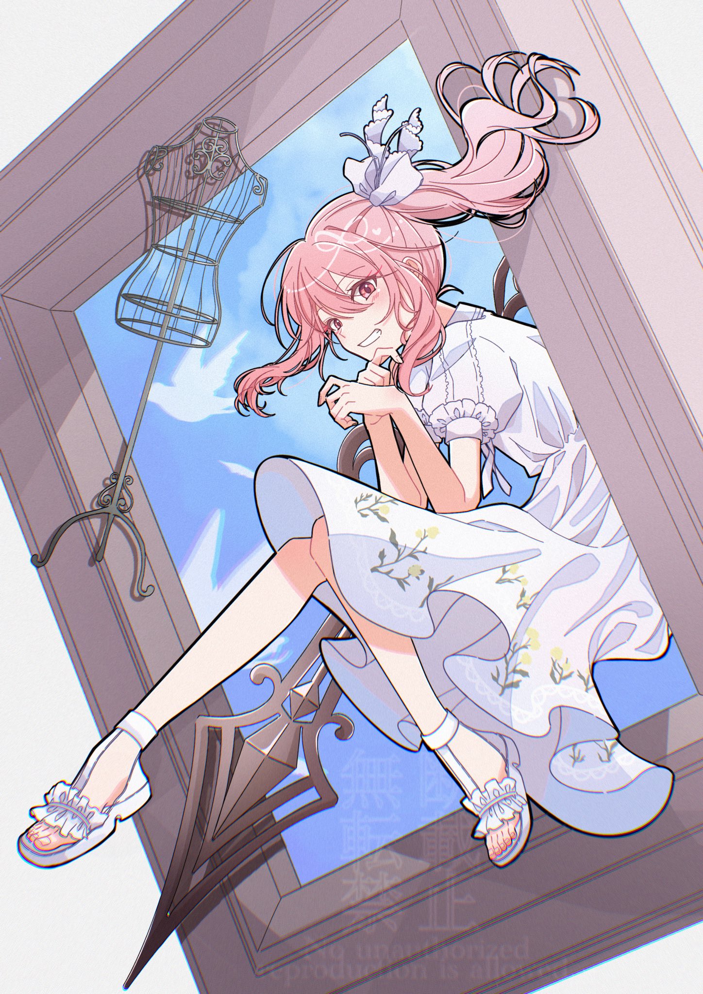 akiyama mizuki, project sekai, highres, 1other, dress, floating hair, hair ribbon, long hair, looking at viewer, madolab ch, pink eyes, pink hair, ponytail, puffy short sleeves, puffy sleeves, ribbon, sandals, short sleeves, side ponytail, smile, white dress, white ribbon, white sandals