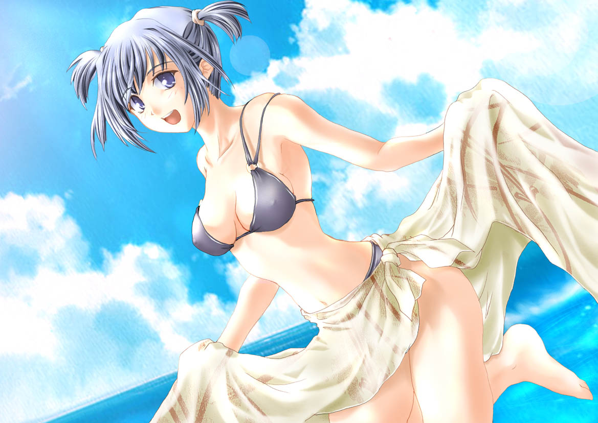 soba (saz), jpeg artifacts, 1girl, barefoot, bikini, blue eyes, blue hair, breasts, cleavage, clothes lift, cloud, day, female focus, matching hair/eyes, medium breasts, sarong, sarong lift, sky, solo, swimsuit