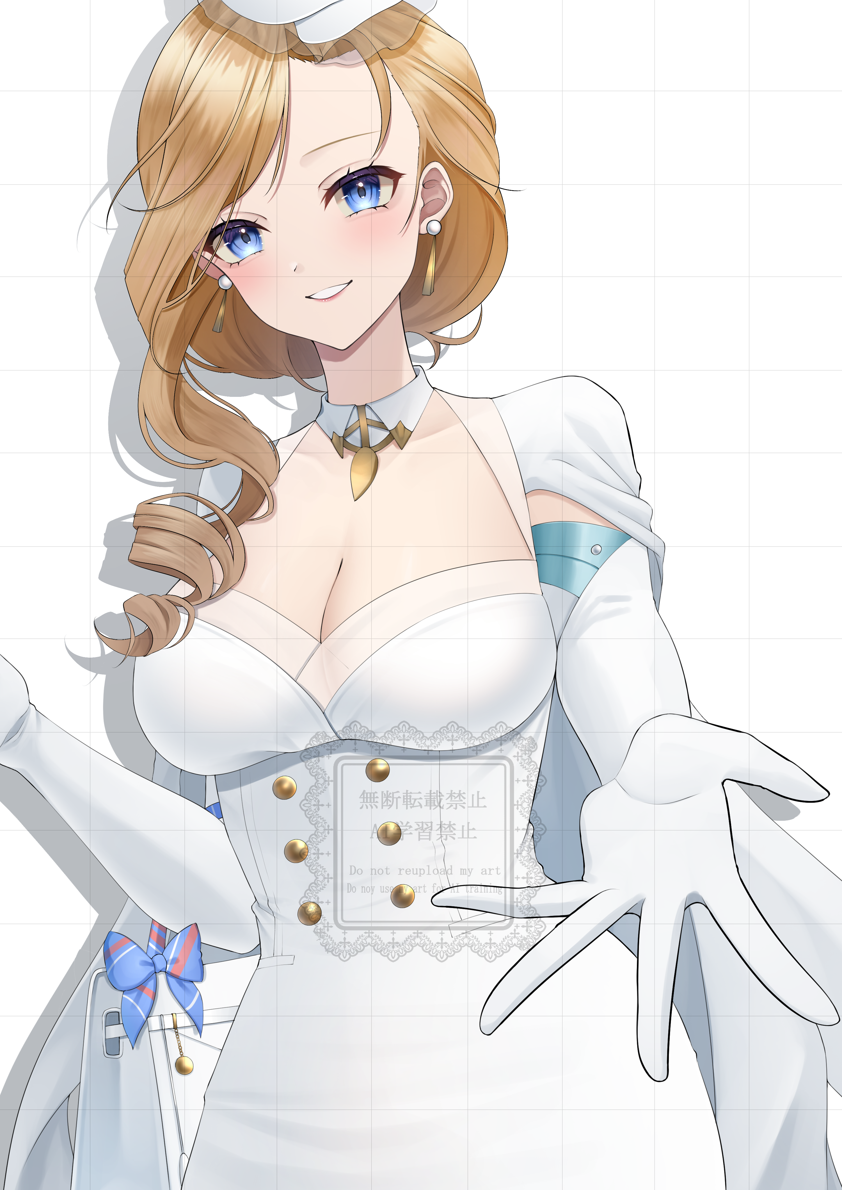 konparu uran, hood (azur lane), hood (dawnlight's dame) (azur lane), azur lane, absurdres, highres, 1girl, bag, blonde hair, blue eyes, breasts, cleavage, detached collar, dress, drill hair, earrings, elbow gloves, gloves, handbag, jewelry, large breasts, long hair, looking at viewer, official alternate costume, parted lips, reaching, reaching towards viewer, simple background, smile, solo, upper body, white background, white dress, white gloves