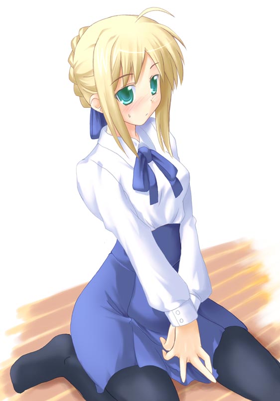 soba (saz), artoria pendragon (fate), saber (fate), fate/stay night, fate (series), 00s, blonde hair, blouse, blue pantyhose, green eyes, kneeling, pantyhose, shirt, solo