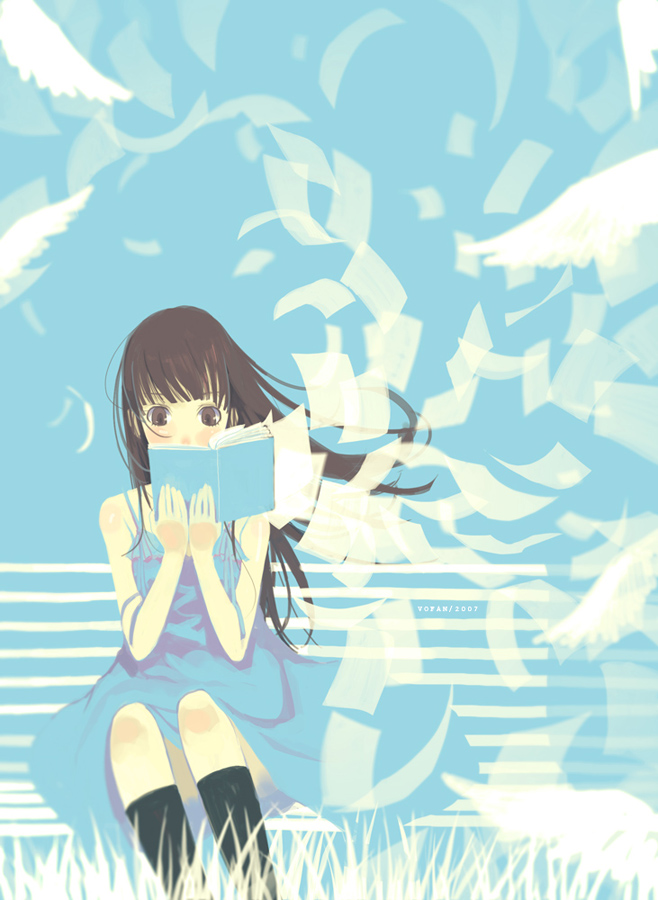 vofan, original, bench, book, dress, grass, open book, reading, solo