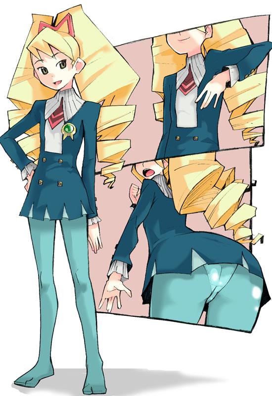 luna platz (mega man), capcom, mega man (series), mega man star force (series), 00s, 1girl, ass, big hair, blonde hair, blue pantyhose, drill hair, female focus, panties, panties under pantyhose, pantyhose, pantyshot, solo, underwear, upskirt