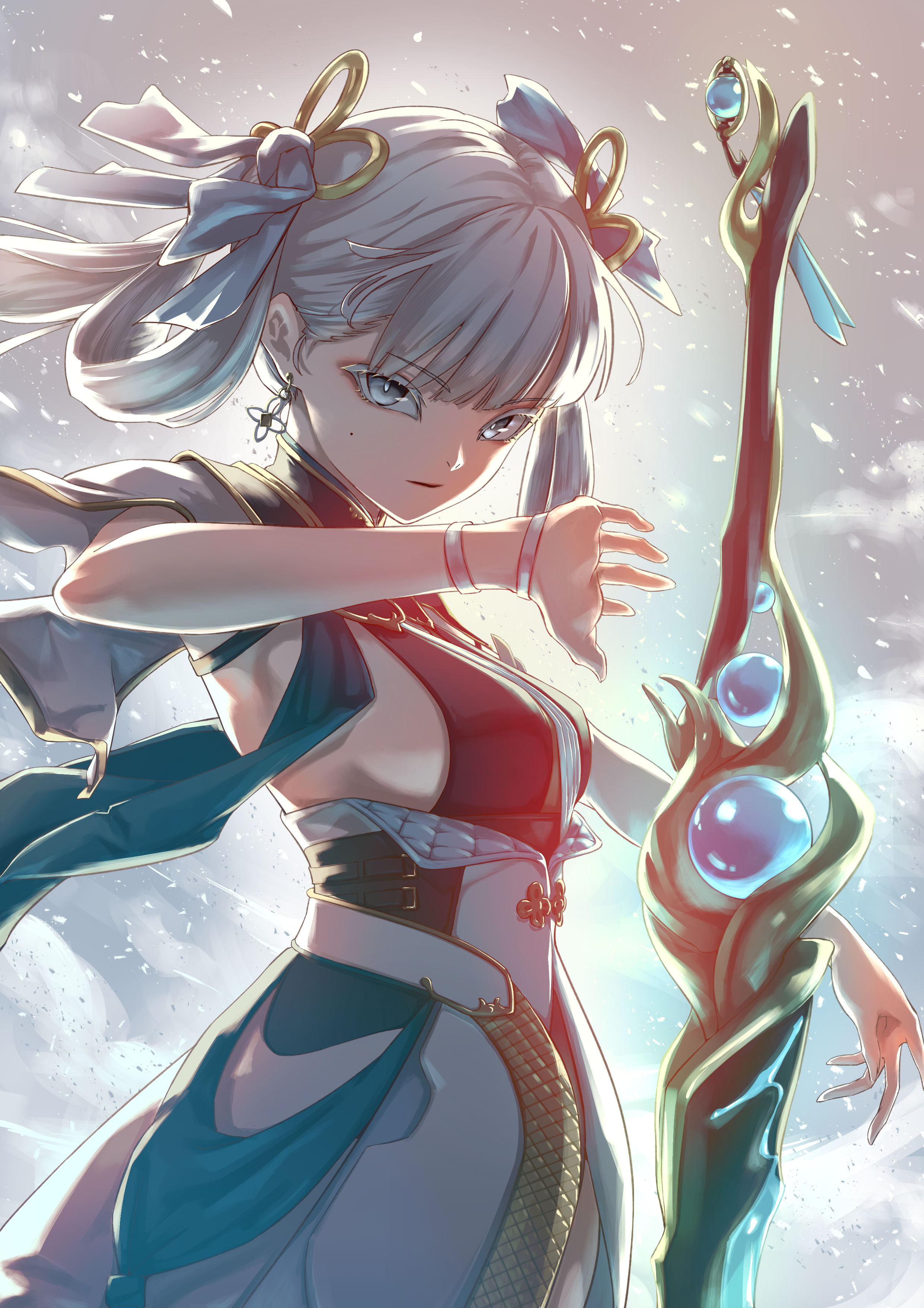 jinhsi (wuthering waves), wuthering waves, absurdres, commentary request, highres, partial commentary, 1girl, black dress, bow, breasts, bright pupils, coat, colored eyelashes, cowboy shot, dress, earrings, hair rings, jewelry, kikumusubi, long hair, medium breasts, mole, mole on cheek, parted lips, sideboob, solo, sword, weapon, white bow, white coat, white eyelashes, white eyes, white hair, white pupils