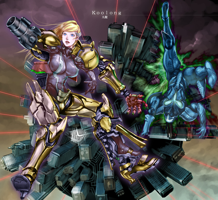 jasmine t, dark samus, samus aran, metroid, metroid prime 3: corruption, nintendo, 2girls, arm cannon, armor, blonde hair, blue eyes, breasts, covered erect nipples, high heels, large breasts, multiple girls, nipples, power suit (metroid), varia suit, weapon