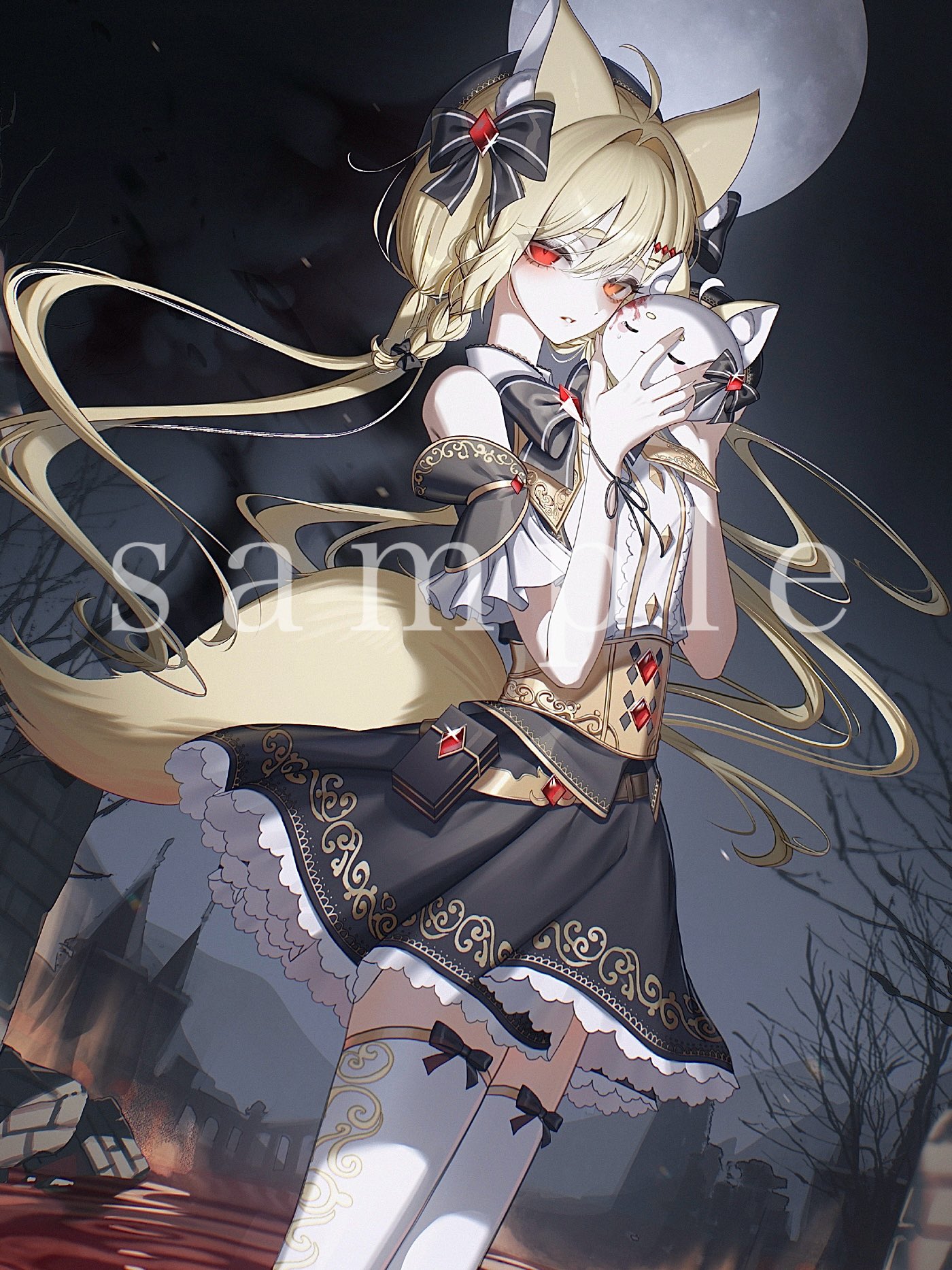 moduku, indie virtual youtuber, highres, 1girl, animal ears, bare shoulders, bare tree, black bow, black skirt, blonde hair, bow, braid, fox ears, fox girl, fox tail, gem, long hair, looking at viewer, moon, night, night sky, red eyes, red gemstone, sample watermark, shirt, skirt, sky, sleeveless, sleeveless shirt, solo, tail, thighhighs, tree, virtual youtuber, watermark, white shirt, white thighhighs