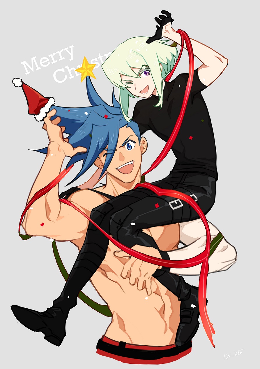 jionghai, galo thymos, lio fotia, promare, highres, 2boys, black gloves, black pants, black shirt, black shoes, blue eyes, blue hair, colored eyelashes, cropped torso, gloves, green hair, grey background, hat, looking at viewer, male focus, mohawk, multiple boys, one eye closed, pants, purple eyes, red ribbon, ribbon, santa hat, shirt, shoes, short hair, short sleeves, simple background, sitting on shoulder, smile, teeth, topless male, upper teeth only