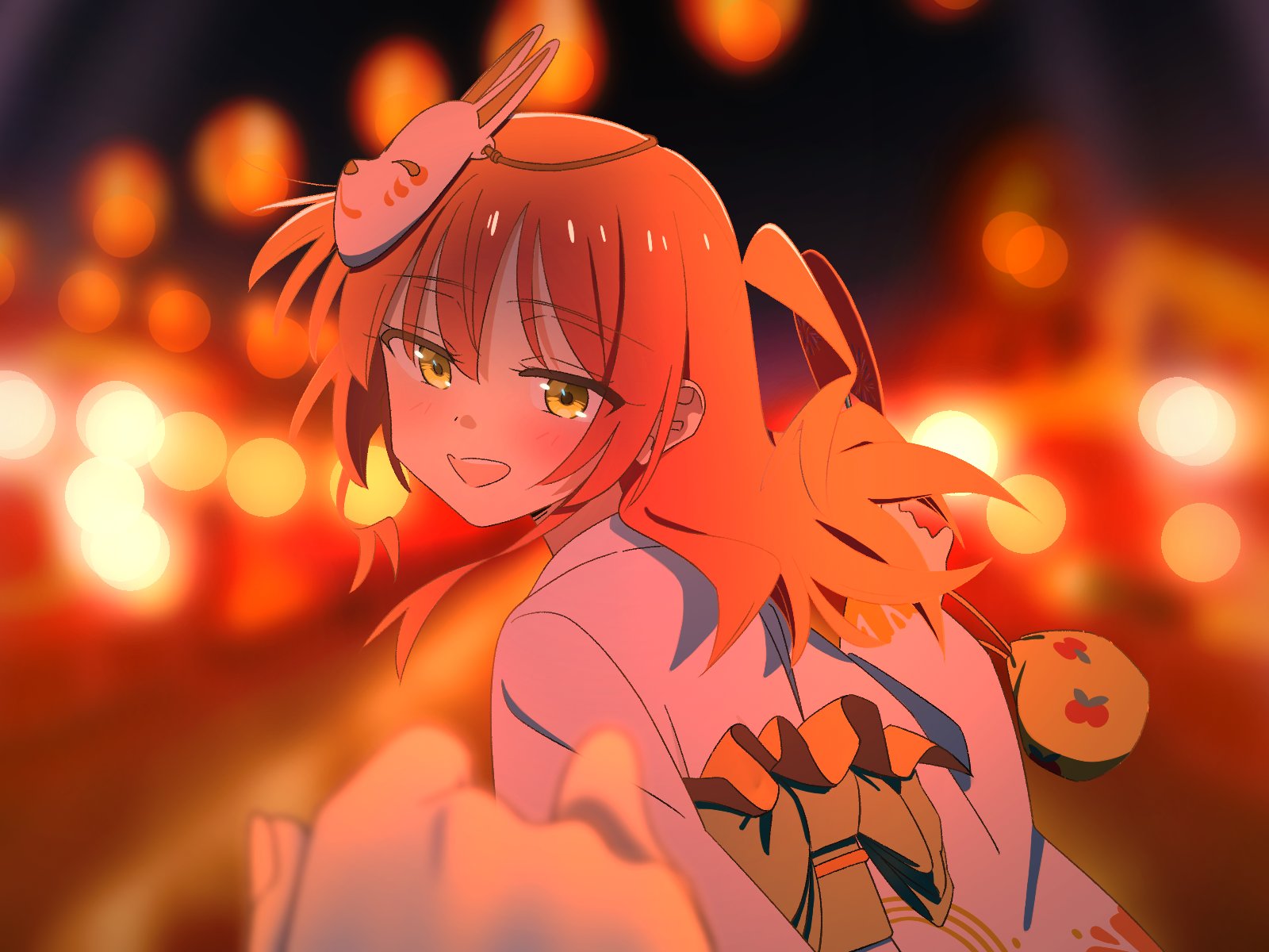 hoite (11922960 ze), kita ikuyo, bocchi the rock!, highres, 2girls, blurry, bokeh, depth of field, fox mask, green eyes, japanese clothes, kimono, long hair, looking at viewer, looking back, mask, mask on head, multiple girls, night, one side up, open mouth, outdoors, pov, pov hands, red hair, smile, summer festival