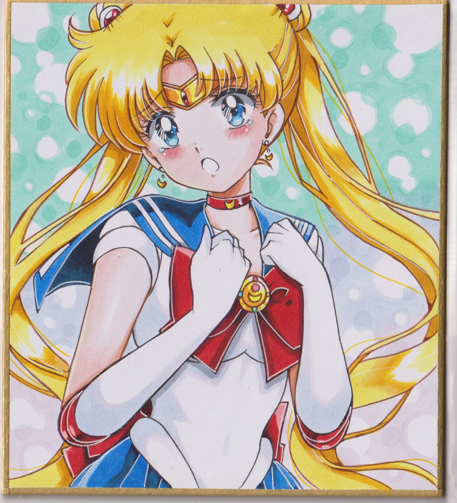 chikoto (kztc4472), sailor moon, tsukino usagi, bishoujo senshi sailor moon, highres, 1girl, back bow, blonde hair, blue eyes, blue sailor collar, bow, bowtie, choker, crescent, crescent earrings, crying, crying with eyes open, double bun, earrings, elbow gloves, gloves, hair bun, hair ornament, jewelry, long hair, open mouth, red bow, red bowtie, red choker, sailor collar, sailor senshi uniform, skirt, solo, tears, transformation brooch (sailor moon), twintails, white gloves