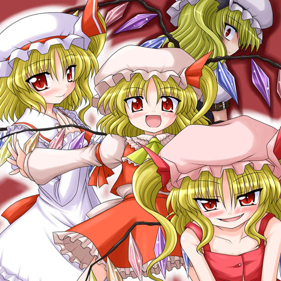 bococho, flandre scarlet, touhou, 1girl, blonde hair, clone, female focus, multiple views, red eyes, standing