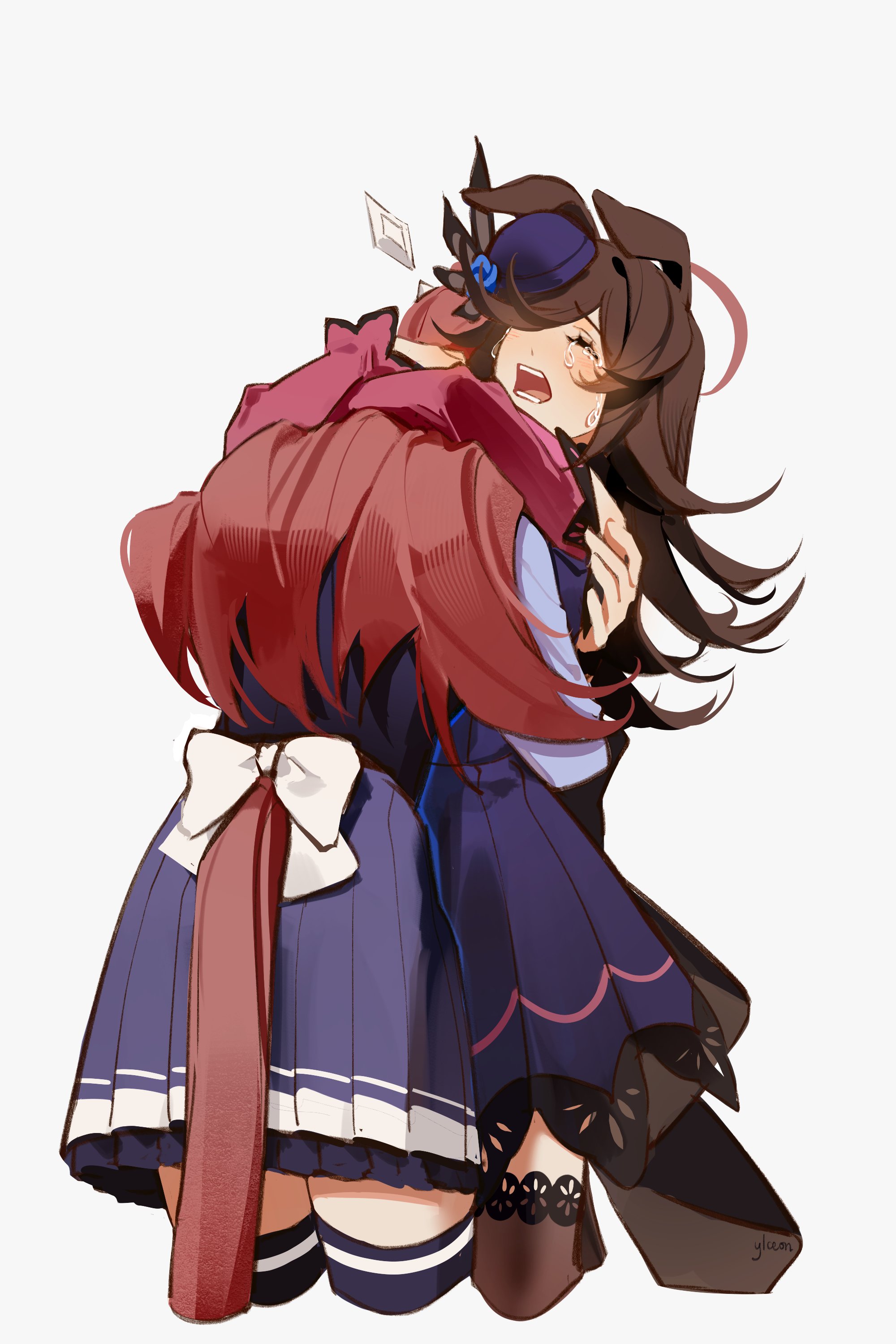 ylceon, mihono bourbon (umamusume), rice shower (umamusume), umamusume, absurdres, highres, 2girls, animal ears, blue flower, blue rose, bow, brown hair, crying, flipped hair, flower, hair over one eye, hat, hat flower, horse ears, horse girl, horse tail, hug, long hair, multiple girls, open mouth, red hair, rose, school uniform, simple background, skirt, tail, thighhighs, tilted headwear, tracen school uniform, white background