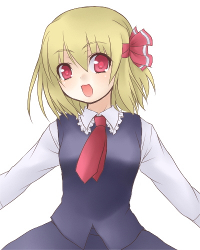 jyako, rumia, embodiment of scarlet devil, touhou, lowres, 1girl, blonde hair, female focus, hair ribbon, necktie, outstretched arms, red eyes, red necktie, ribbon, short hair, solo, spread arms
