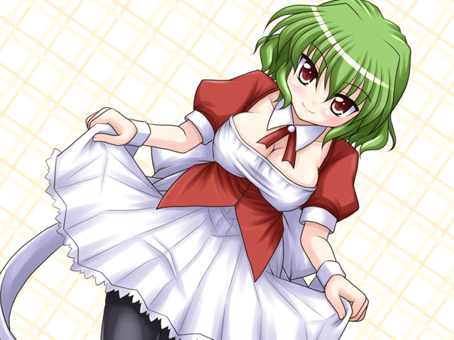 bococho, kazami yuuka, touhou, 1girl, alternate costume, breasts, cleavage, collar, curtsey, detached collar, dutch angle, female focus, green hair, large breasts, pantyhose, red eyes, short hair, skirt hold, slit pupils, smile, solo, waitress