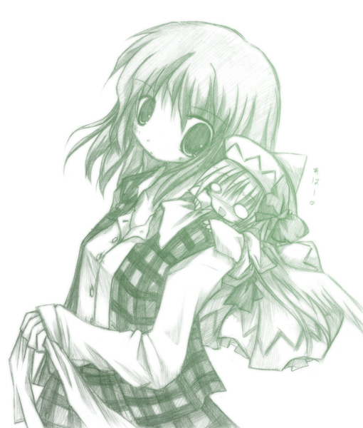 kazami yuuka, lily white, touhou, untied, 2girls, ascot, blush, chibi, female focus, green theme, mini person, minigirl, monochrome, multiple girls, o o, plaid clothes, plaid skirt, plaid vest, short hair, skirt, skirt set, vest, wings