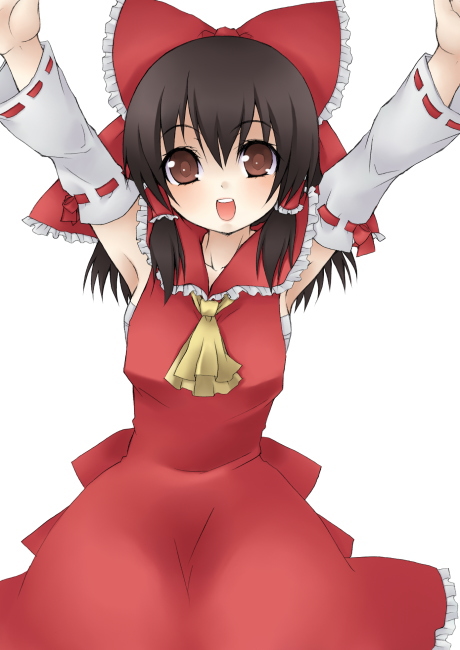 jyako, hakurei reimu, touhou, 1girl, o/, armpits, arms up, dress, female focus, hair between eyes, outstretched arms, simple background, solo, white background