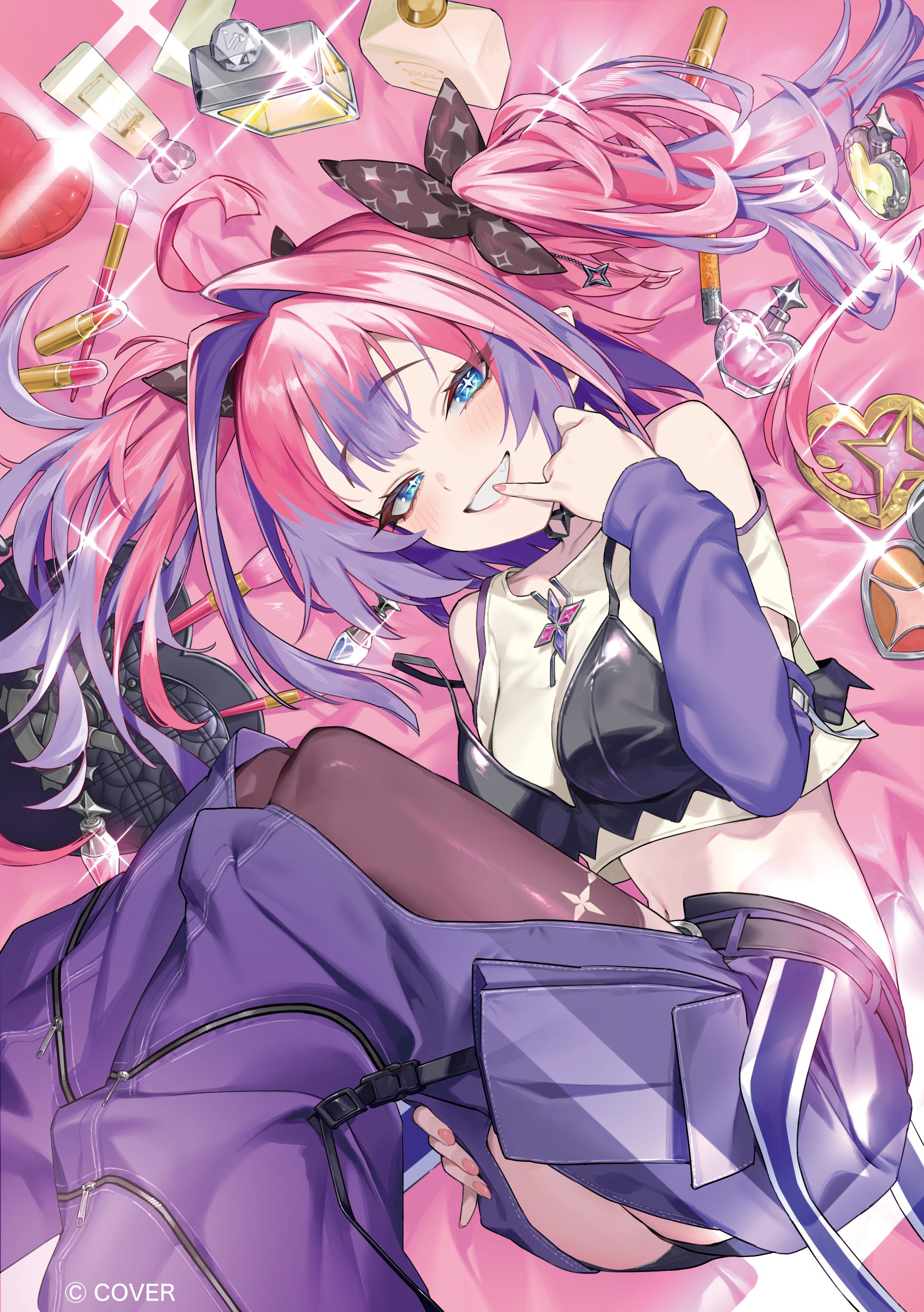 nonco, kikirara vivi, hololive, hololive dev is, absurdres, commentary request, highres, official art, 1girl, :d, ahoge, black bow, black bra, blue eyes, bow, bra, bra over clothes, cargo pants, center-flap bangs, clothing cutout, copyright notice, cropped shirt, grin, hair bow, long hair, looking at viewer, lying, midriff, multicolored hair, navel, on side, open mouth, pants, pink hair, pinky out, purple arm warmers, purple hair, shirt, smile, solo, streaked hair, thigh cutout, twintails, underwear, very long hair, virtual youtuber, white shirt