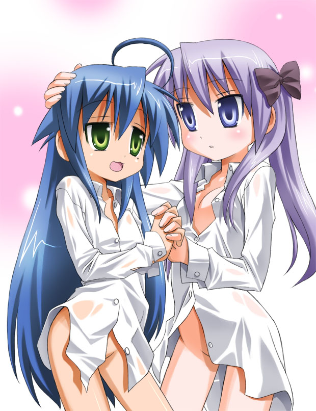 umekichi, hiiragi kagami, izumi konata, lucky star, 00s, 2girls, ahoge, bottomless, dress shirt, hair ribbon, mole, mole under eye, multiple girls, naked shirt, ribbon, shirt, yuri