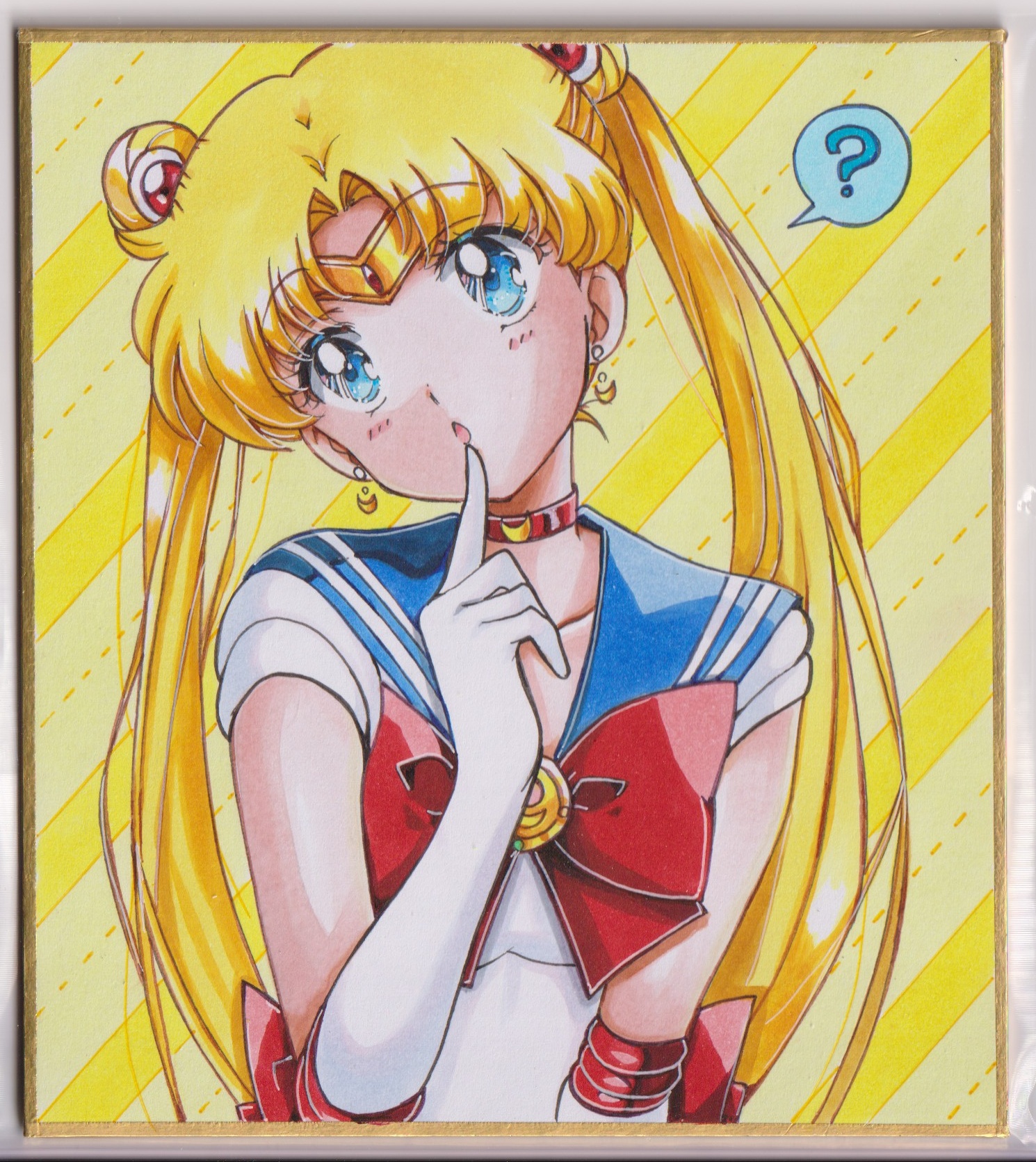 chikoto (kztc4472), sailor moon, tsukino usagi, bishoujo senshi sailor moon, highres, 1girl, ?, back bow, blonde hair, blue eyes, blue sailor collar, bow, bowtie, choker, crescent, crescent earrings, double bun, earrings, elbow gloves, finger to mouth, gloves, hair bun, hair ornament, jewelry, long hair, looking up, red bow, red bowtie, red choker, sailor collar, sailor senshi uniform, skirt, solo, speech bubble, spoken question mark, thinking, transformation brooch (sailor moon), twintails, white gloves