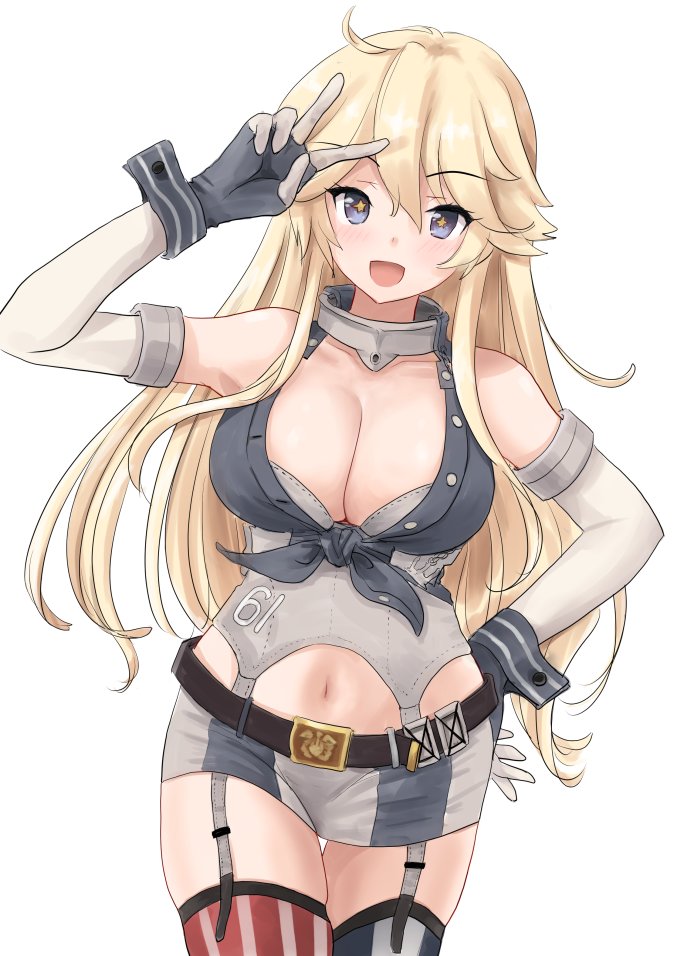 kitagawa mikio, iowa (kancolle), kantai collection, commentary request, 1girl, american flag legwear, arm up, asymmetrical legwear, belt, blonde hair, blue eyes, breasts, brown belt, cleavage, cowboy shot, elbow gloves, fingerless gloves, front-tie top, garter straps, gloves, hair between eyes, hand on own hip, large breasts, long hair, looking at viewer, mismatched legwear, open mouth, simple background, skirt, smile, solo, star-shaped pupils, star (symbol), striped clothes, striped skirt, striped thighhighs, symbol-shaped pupils, thighhighs, v, vertical-striped clothes, vertical-striped skirt, vertical-striped thighhighs, white background