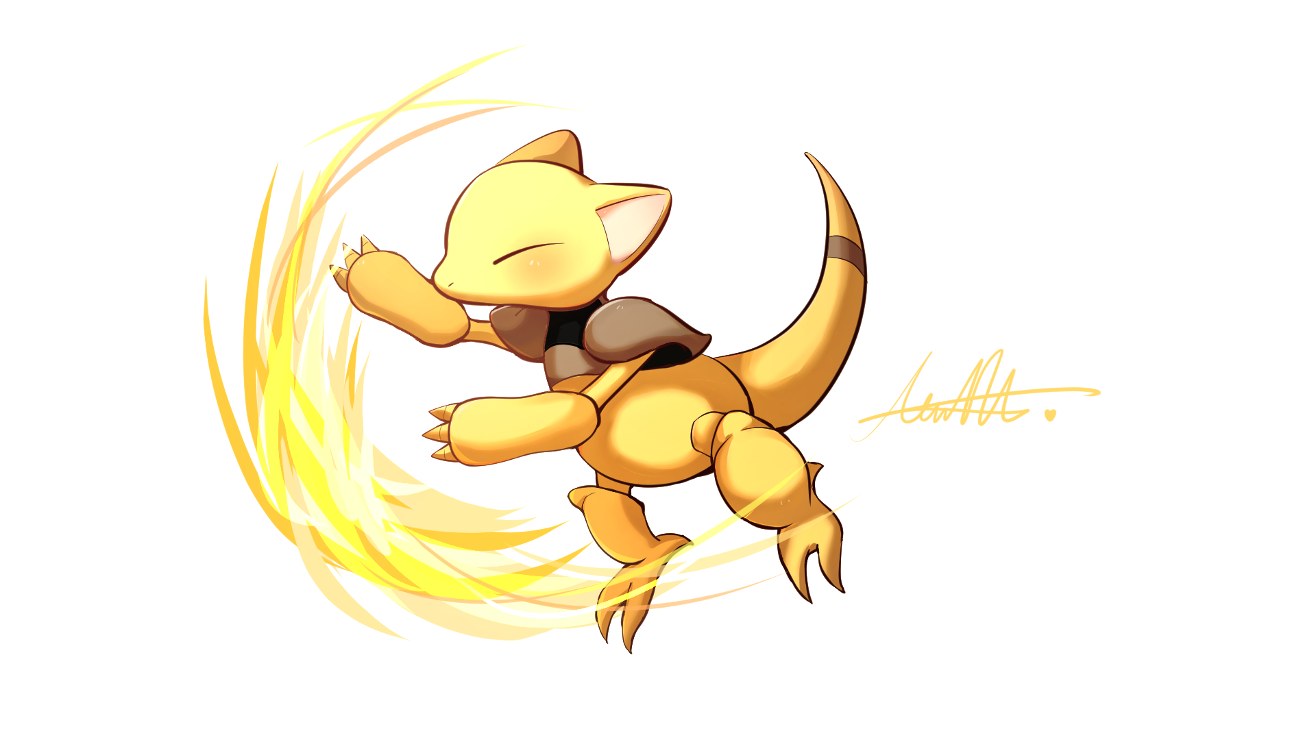 moxa ryu, abra, nintendo, pokemon, highres, closed eyes, full body, gen 1 pokemon, no humans, pokemon (creature), signature, simple background, white background