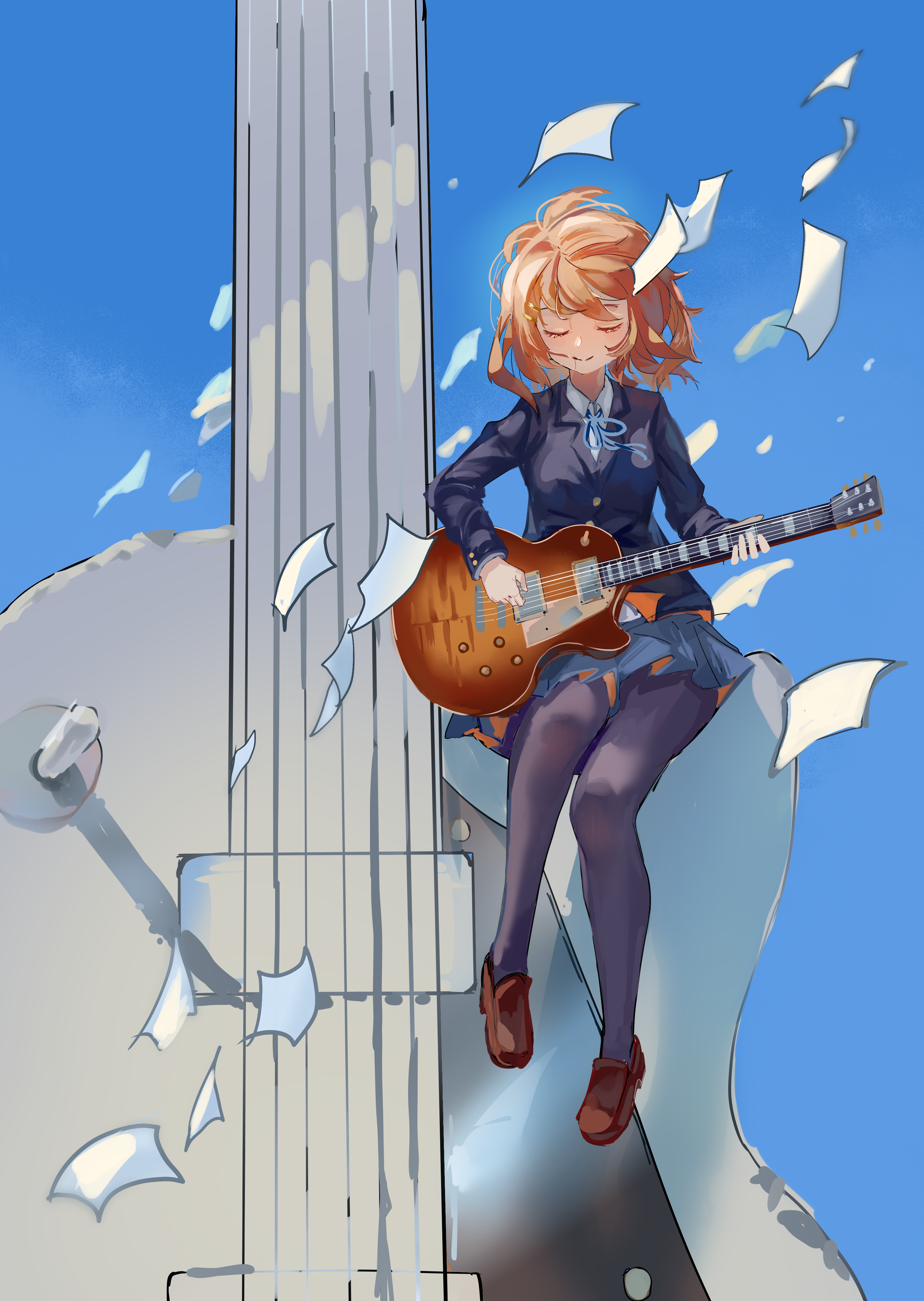 user adpn2522, hirasawa yui, k-on!, absurdres, highres, 1girl, black pantyhose, blazer, blue jacket, blue ribbon, blue skirt, blue sky, brown hair, closed eyes, closed mouth, collared shirt, electric guitar, gibson les paul, guitar, hair ornament, hairclip, instrument, jacket, light smile, loafers, long sleeves, medium hair, music, neck ribbon, oversized object, pantyhose, papers, playing instrument, ribbon, sakuragaoka high school uniform, school uniform, shirt, shoes, sitting, skirt, sky, solo, white shirt, wind, wing collar, winter uniform