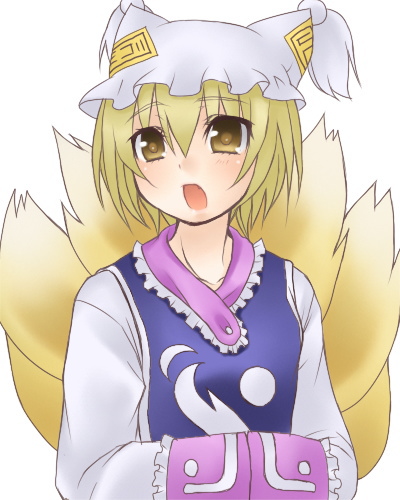 jyako, yakumo ran, touhou, lowres, 1girl, animal hat, blonde hair, female focus, fox tail, hands in opposite sleeves, hat, long sleeves, mob cap, multiple tails, open mouth, short hair, solo, surcoat, tail, tassel, upper body, white background, yellow eyes