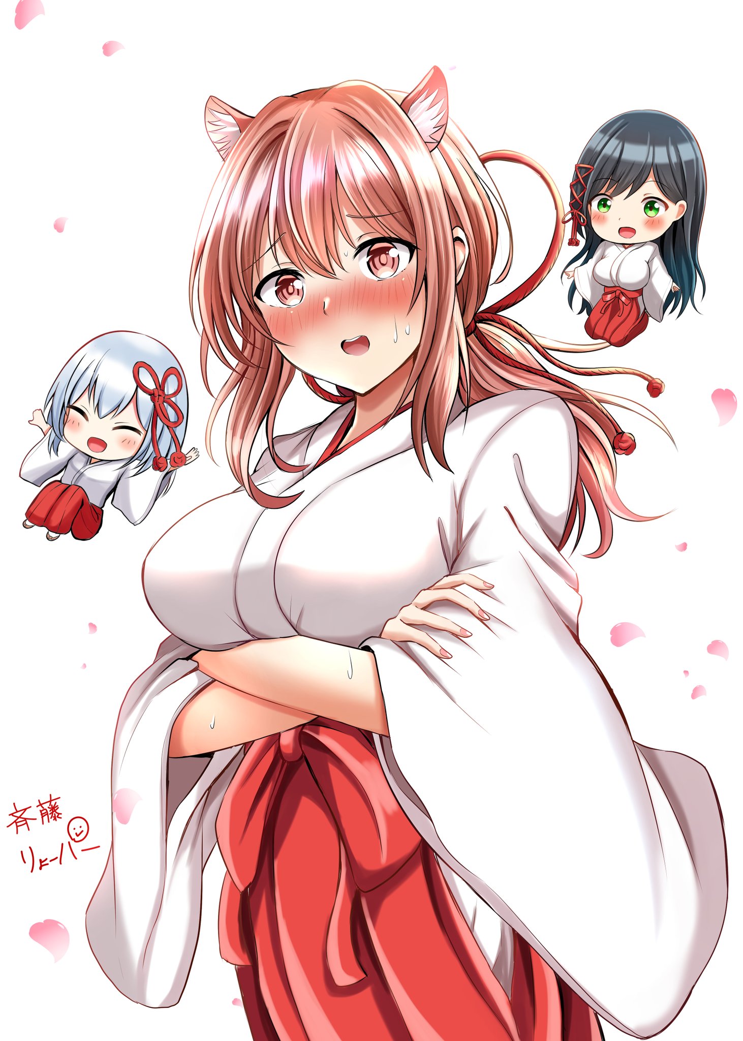 ryopa, amagami asahi, amagami yae, amagami yuna, amagami-san chi no enmusubi, commentary request, highres, 3girls, animal ears, black hair, blue hair, blush, breasts, brown eyes, brown hair, chibi, closed eyes, crossed arms, hair ornament, japanese clothes, kemonomimi mode, large breasts, long hair, miko, multiple girls, open mouth, petals, siblings, sisters, sweat