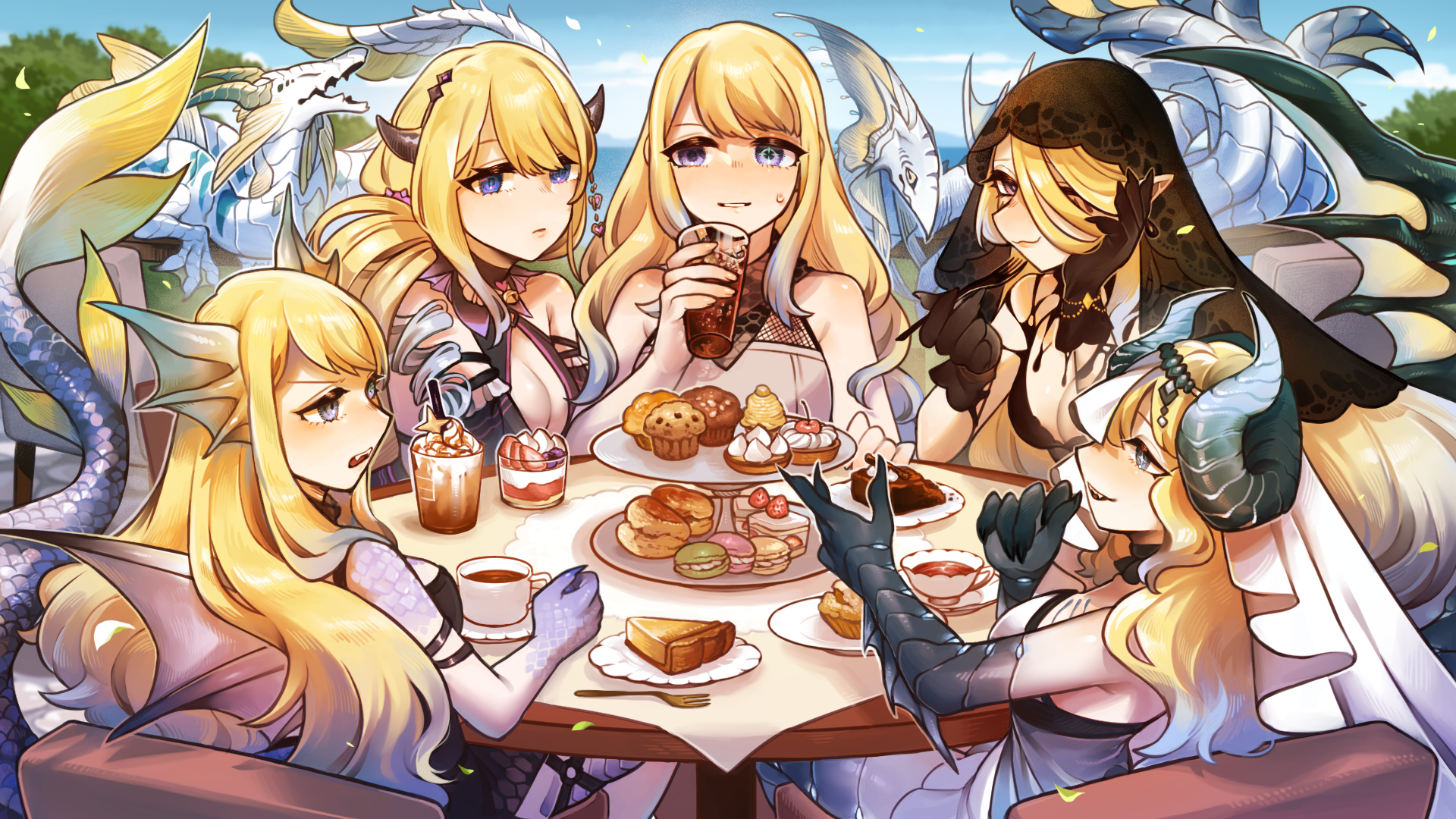 hogara, zeta (vtuber), zeta (vtuber) (1st costume), zeta (vtuber) (abyss dragon), zeta (vtuber) (magical golem), zeta (vtuber) (sea dragon), zeta (vtuber) (sea dragon knight), indie virtual youtuber, highres, non-web source, bandana, blonde hair, blue eyes, blue hair, breasts, cup, gloves, gradient hair, holding, holding cup, horns, long hair, medium breasts, monster girl, multicolored hair, multiple girls, open mouth, sitting, solo, tail, tea, veil, virtual youtuber, zeta (vtuber) (darkwater)