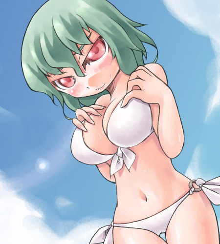 nyagakiya, kazami yuuka, touhou, lowres, 1girl, bikini, breasts, cloud, day, female focus, front-tie top, green hair, hands on own chest, large breasts, navel, red eyes, side-tie bikini bottom, smile, solo, swimsuit, thigh gap, white bikini