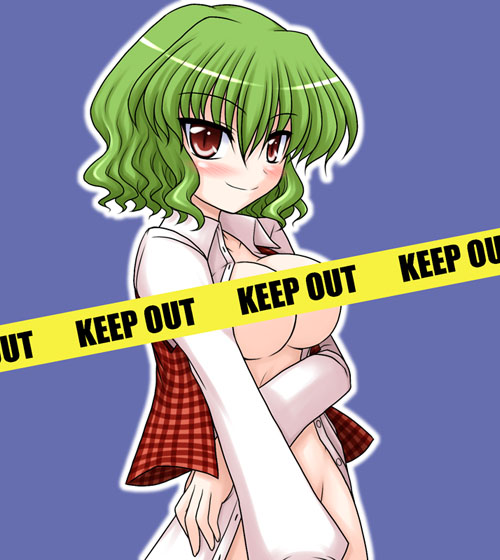bococho, kazami yuuka, touhou, 1girl, blue background, blush, bottomless, breasts, caution tape, censored, covering crotch, covering privates, female focus, green hair, keep out, large breasts, no bra, open clothes, open shirt, plaid clothes, plaid vest, red eyes, shirt, short hair, slit pupils, smile, solo, vest